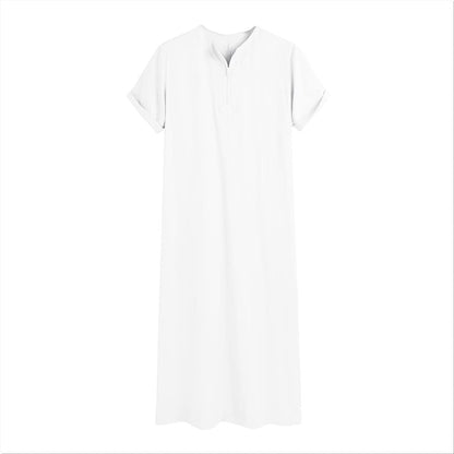 Mens Muslim Thobe Short Sleeve Crewneck Long Gown Casual Lightweight Breathable Big and Tall Robe Ethnic Clothes - color: White, size: Large