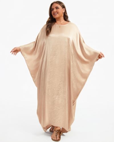 Bsubseach Women Plus Size Kaftan Dresses Moo Moos for Women Swimsuit Cover Up Swimwear Batwing Satin Caftan Beach Dress - color: Champagne