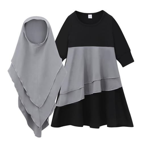 Muslim Dress for Girl Abaya Kaftan Kids Islamic Prayer Clothes Long Sleeve Dress Dubai 2026 Ramadan Hijab Sets - color: Gray, size: 0-6 Months