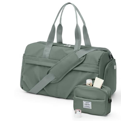 Gym Bag for Women Men, Sport Duffel Bag with Toiletry Bag & Shoe Compartment,Waterproof Travel Weekender Overnight Carry on Bag for Yoga with Trolley Sleeve, Green Set - color: A5-Green Set