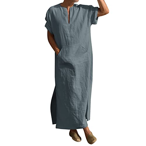 Mens Muslin Robe Full Length Long Sleeve Tops V Neck Kaftan Lightweight Pullover Thobe Comfy Nightshirts - color: A03 Grey, size: Small