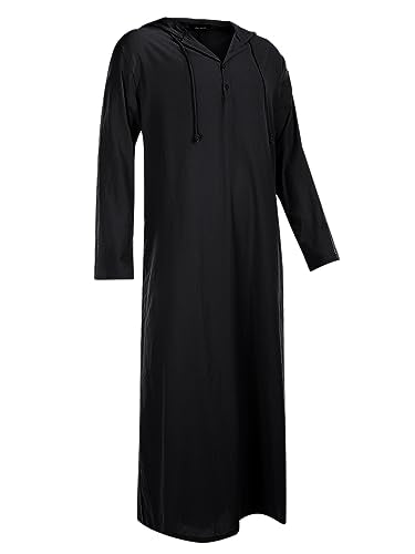 Jacansi Men's 65% Cotton 35% Linen Hooded Kaftan, Long Sleeve Button Down Thobe, Loose Casual Gown with Pockets - color: Black, size: Large