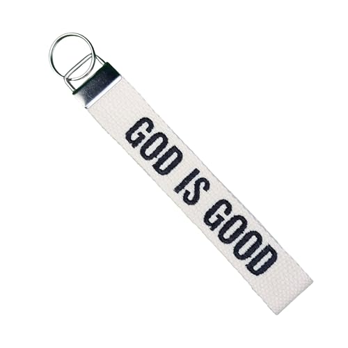 GOD IS GOOD Embroidered Keychain Christian Key Fob Religious Gifts Cotton Keychain - color: Ivory-white