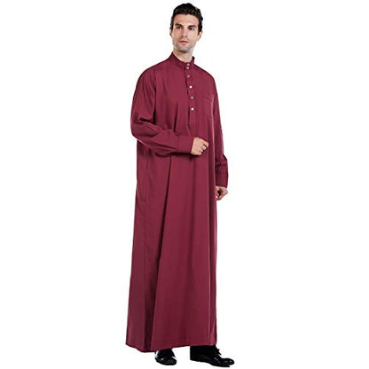 Lenmipot Men's Muslim Clothes Durable Kaftan Robe Dubai Long Gown Ethnic Clothes,1pc Soft Robe - color: B Wine, size: Large