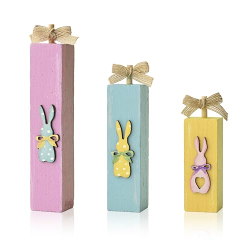 Smile Easter Wooden Block Decor Set of 3 Polka Dot Colorful Bunny Tabletop Ornaments for Home Shelf Mantel Decoration - style: Color Bunny