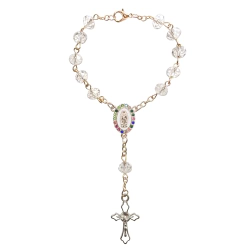 Rimvoe Car Rosary for Rearview Mirror Hanging - Catholic Religious Devout Gift with Virgin Mary Charm and Crucifix, Ideal Catholic Rosary Gifts for Men & Women - color: white