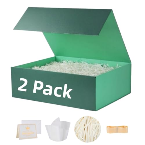 UoeRing 2 Pcs Green Gift Box Large 11.5x8x4 Inch with Magnetic Lid | Collapsible Luxury Present Box,for Birthday,Christmas Holiday Gift Includes Card,Ribbon,Tissue Paper & Shredded Filler - color: 13.5x11.8x4.7 Inch-Green-Pack of 2