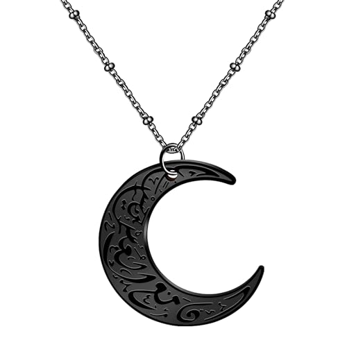 Stainless Steel Arabic Moon Pendant Necklace - Islamic Allah Symbol Jewelry for Men and Women - Religious Amulet Talisman Gift YA4979 - color: black moon pendant necklace