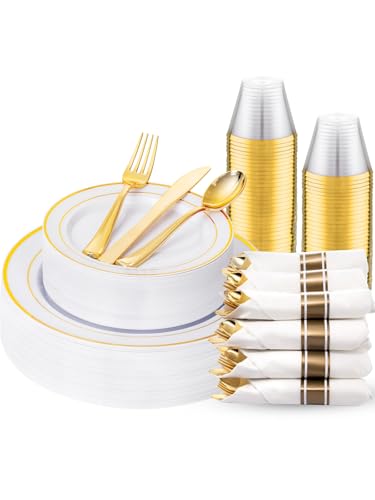 WDF Partyware 175PCS White and Gold Plastic Plates - Gold Plates with Rolled Napkins for Party - 25Guest Disposable Dinnerware Sets for Wedding/Baby Shower/Birthday - color: White and Gold, size: 175PCS