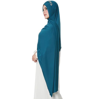 khalat Instant Hijab 여성용 무슬림 샤이니 라인스톤 데일리 스카프 부드럽고 신축성 있는 단색 이슬람 기도 히잡 - color: 블루.