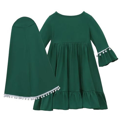 Prayer Set for Muslim Kid Girls Two Pieces Set Skirt Scarf, with a Prayer Rug and Rosary, Suitable East Dubai Clothes - color: Green, size: 4-5T