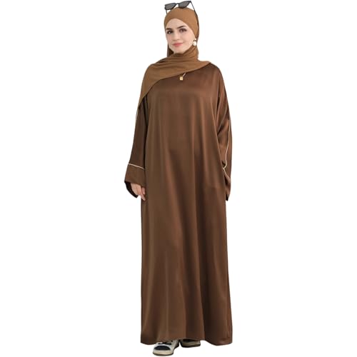 Muslim Praying Dress for Women Silk Glossy Back Zipper Robe Wear Gold Trim Modest Abaya Dress with Hijab - color: Coffee, size: Small