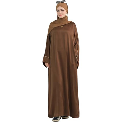 Muslim Praying Dress for Women Silk Glossy Back Zipper Robe Wear Gold Trim Modest Abaya Dress with Hijab - color: Coffee, size: Large