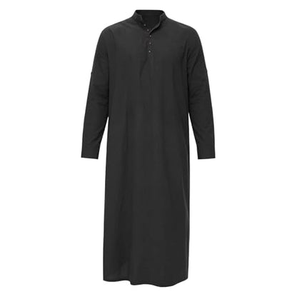 Men's Linen Kaftan Robe Button Down Long Sleeve Henley Collar Cotton Thobe Casual Loose Fit Stylish Gown Shirts - color: Black, size: Large
