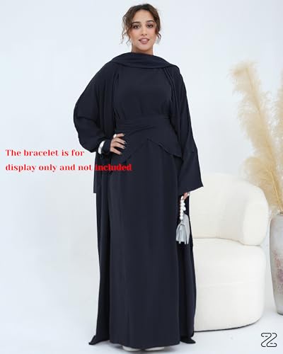 Abaya Muslim Prayer Dress Set Ramadan Open Front Islamic Clothing 3pcs Prayer Robe with Waist Apron Loose Flowy - color: Black, size: X-Large