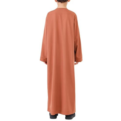 Kids Arabic Thobes for Boys Muslim Thobe Long Sleeve Kaftan Islamic Prayer Dress Kids Dubai Robe Burkas Ramadan Eid Outfit - color: Brown, size: 3-4T