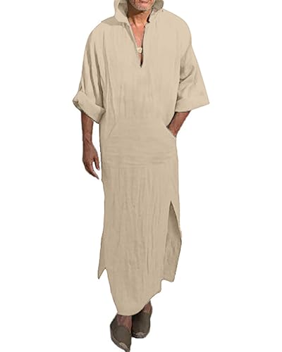 YAOHUOLE Men's Long Sleeve Kaftan Side Split Long Gown Thobe Hooded Men Caftan - color: Khaki, size: XX-Large