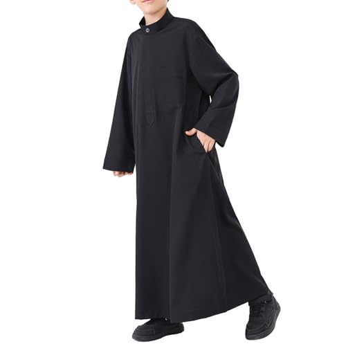 Muslim Thobe for Boys Long Sleeve Islamic Arabic Kaftan Button 𝐑obe Middle East Prayer Dress Kids Ramadan Eid Outfit - color: Black, size: 3-4T