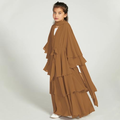 Chiffon layered Open Abaya Dubai Kaftan Muslim Cardigan Abayas Dresses For Girls Casual Robe Kimono Islam Clothing - color: Camel Brown, size: 13-14 Years