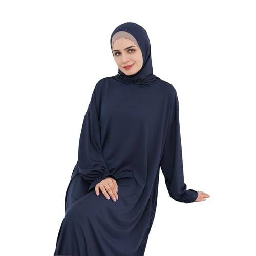 Muslim Hoodie Abaya Islamic Prayer Jilbab Maxi Robe with Inner Cap | Two-layer Cap, Prayer Abaya, Large Style - color: Dark Blue