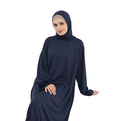 Muslim Hoodie Abaya Islamic Prayer Jilbab Maxi Robe with Inner Cap | Two-layer Cap, Prayer Abaya, Large Style - color: Dark Blue