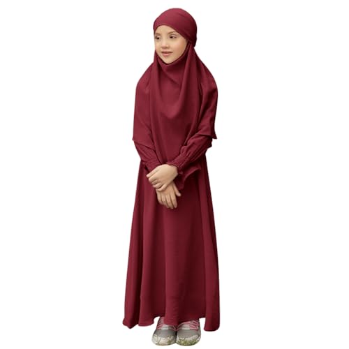 IDOPIP Muslim Dress for Girls Islamic Prayer Abaya Smocked Long Sleeve Kaftan Robe Dresses with Hijab Ramadan Dubai Outfits - color: Wine Red, size: 3-4 Years