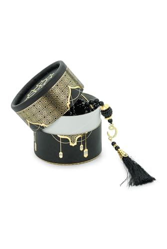 ihvan online Mini Quran & Tesbih Gift Set with Cylinder Box – 99 Pearl Muslim Prayer Beads, Misbaha Tasbeeh Sibha Mala – Islamic Ramadan, Eid & Mawlid Gift for Men & Women, Black - color: Black