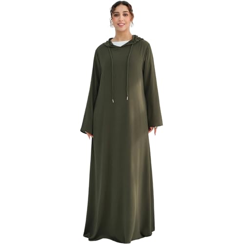 Muslim Abaya Dress for Women Lightweight Hoody Pockets Islamic Prayer Robe - color: Army Green, size: Small