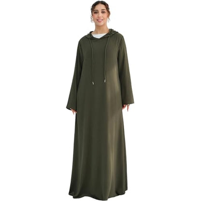 Muslim Abaya Dress for Women Lightweight Hoody Pockets Islamic Prayer Robe - color: Army Green, size: Medium