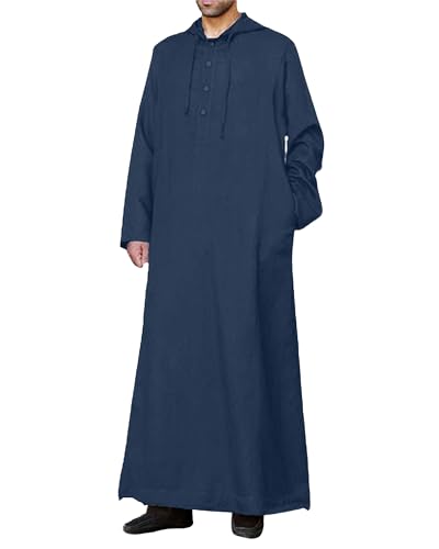 YAOHUOLE Long Sleeve Kaftan Thobe Button down Men Thobe with Pocket Big and Tall Kaftan Muslim Men Thobe - color: Navy, size: 3X-Large