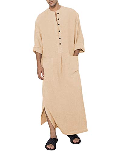 Jacansi Men's Button up Cotton Robe Long Sleeve Kaftan Thobe Long Gown Casual Shirt for Beach - color: 01-khaki, size: Large