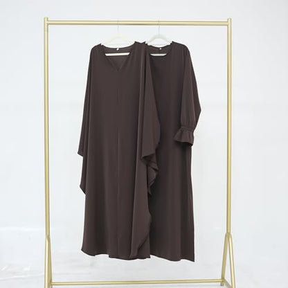 2PCS Women's Muslim Abaya Dress Lace Cuffs Islamic Dubai Prayer Robe Smooth Flowy Muslim Women Clothes - color: Dark Coffee, size: Large