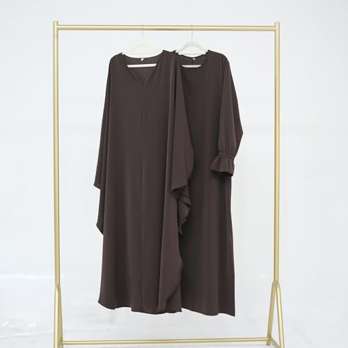 2PCS Women's Muslim Abaya Dress Lace Cuffs Islamic Dubai Prayer Robe Smooth Flowy Muslim Women Clothes - color: Dark Coffee, size: X-Large