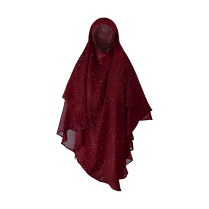 SIQITECHNO Womens Muslim Long Khimar Hijab Scarf Chiffon Sparkling Islamic Arabian Khimar Niqab Ramadan Eid Prayer Scarf Wrap - color: Maroon