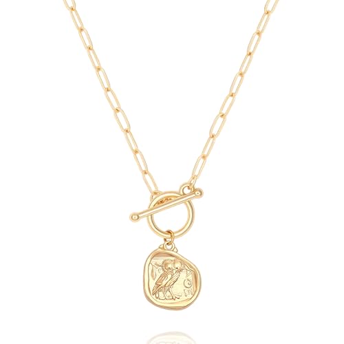POTESSA 18K Gold Plated Pendant Necklace Medallion Coin Heart Y Shaped Chain Toggle Necklace for Women Jewelry - color: Owl