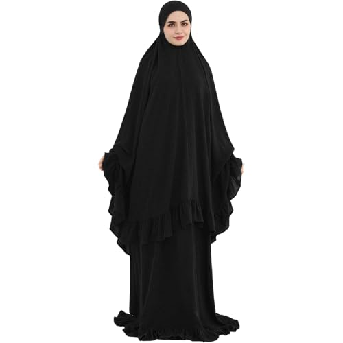 2PCS Abayas for Women Muslim Dress Ruffled Hem Modest Prayer Robe Full Coverage Modest Jilbab Set - color: Black, size: Large