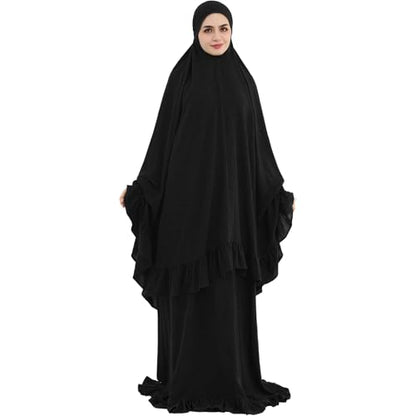 2PCS Abayas for Women Muslim Dress Ruffled Hem Modest Prayer Robe Full Coverage Modest Jilbab Set - color: Black, size: Medium