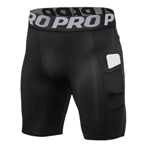 LANBAOSI Mens Compression Shorts with Phone Pocket Running Gym Yoga Athletic Tights Baselayer Summer Cool Dry Underwear Pack - color: Black, size: Large