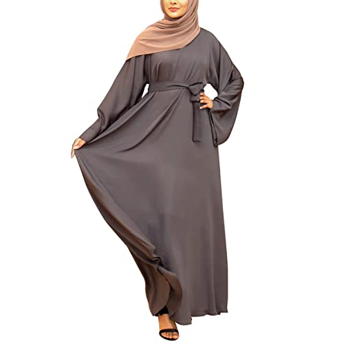 Women's Muslim Kaftan Abaya Dress Long Sleeve Self Tie Maxi Dress Middle East Arabian Robe Gown - color: 5163-grey, size: Large