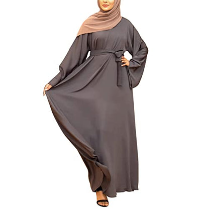 Women's Muslim Kaftan Abaya Dress Long Sleeve Self Tie Maxi Dress Middle East Arabian Robe Gown - color: 5163-grey, size: Large