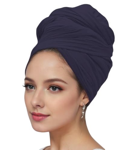 vabovin Head Wraps for Black Women Stretch Jersey Knit Turban Headwrap Solid Color Headscarf Headband Shawl - color: 18- Dark Navy Blue