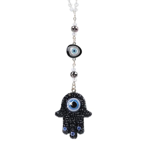 Black Crystal Hamsa Hand Evil Eye Car Mirror Charm Ornament | Black Crystal Hamsa Hand Evil Eye Beaded Chain Rearview Mirror Charm, Spiritual Protection Lucky Car Decor For Women Men - color: Black