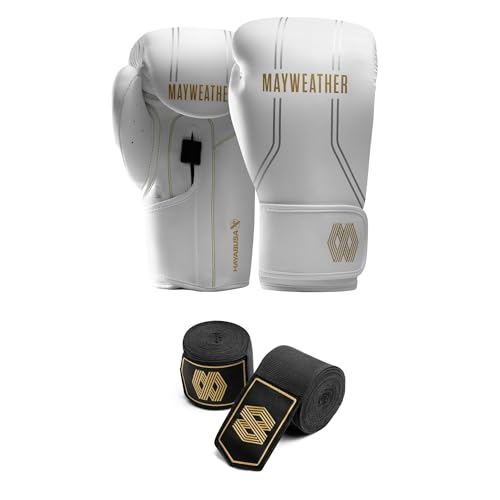 Hayabusa Mayweather Contender Boxing Gloves Kit for Men and Women - color: White/Gold, size: 10oz