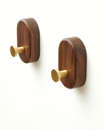 Wood Coat Hooks Wall Mount - Modern Walnut Coat Hook with Bronze Accent for Hanging Clothes,Keys,Purse,Robes,Towel,Backpacks, Single Brass Wall Hooks Heavy Duty for Entryway, Closet, Bathroom (2 Pack) - style: 2 Pack