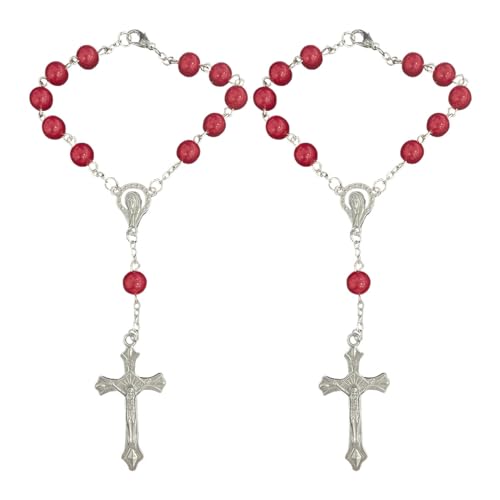 2PCS Rosary for Rearview Mirror, Red Rosary Pendant Car Interior Rear View Mirror Charm Auto Decor, Medal and Cross Personalized Hanging Accessories for Women Men - color: Red