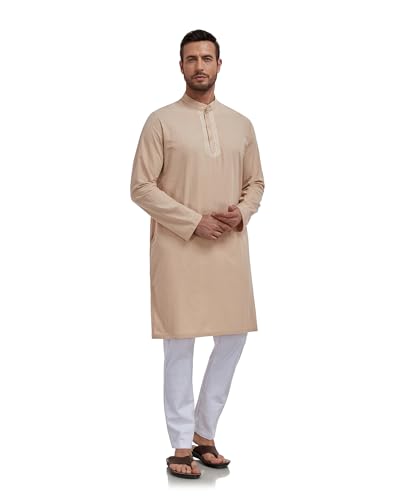 Jacansi Men's Cotton Linen Kaftan Thobe, Button Henley Long Sleeve Muslim Dress Robe - color: Khaki, size: 3X-Large