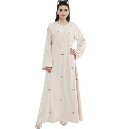 Abaya Dress for Muslim Women Bow Front Zipper Side Pockets Ramadan Eid Robe - color: Beige, size: Small