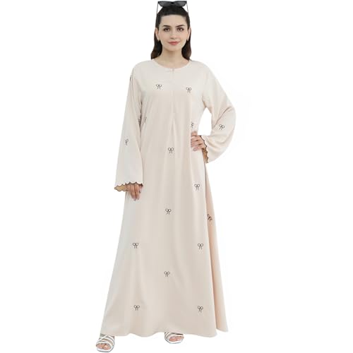 Abaya Dress for Muslim Women Bow Front Zipper Side Pockets Ramadan Eid Robe - color: Beige, size: Medium