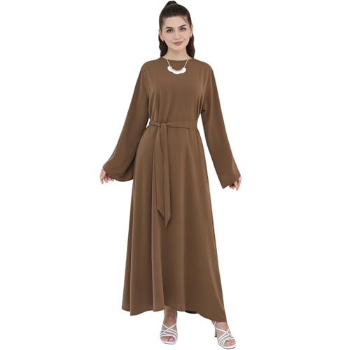 Abaya Dress for Muslim Women Light Smooth Back Zipper Prayer Robe Multiple Colors Flowing Maxi Abaya Dress with Belt - color: Dark Coffee, size: Small