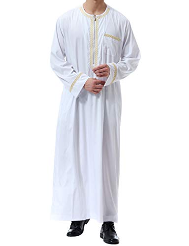 Islamic Mens Clothing Kaftan Maxi-Muslim Male Shirt Long Sleeve Abaya Dubai Cotton… - color: White, size: Small